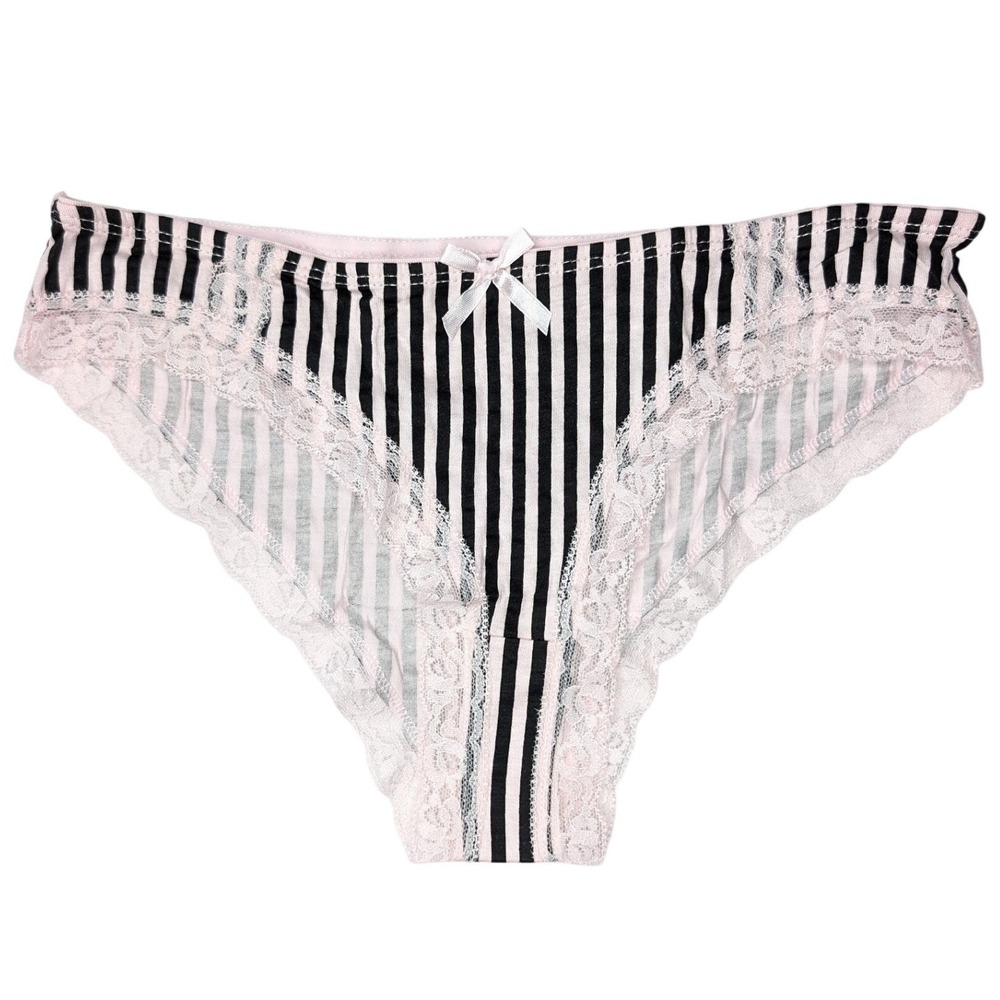 NEW Unworn Knotty Pastel Pink Black Stripe Cheeky Lacey Panties Underwear